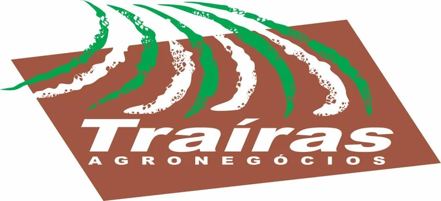 Logomarca da Traíras Agronegócios com faixas verdes sobre fundo marrom