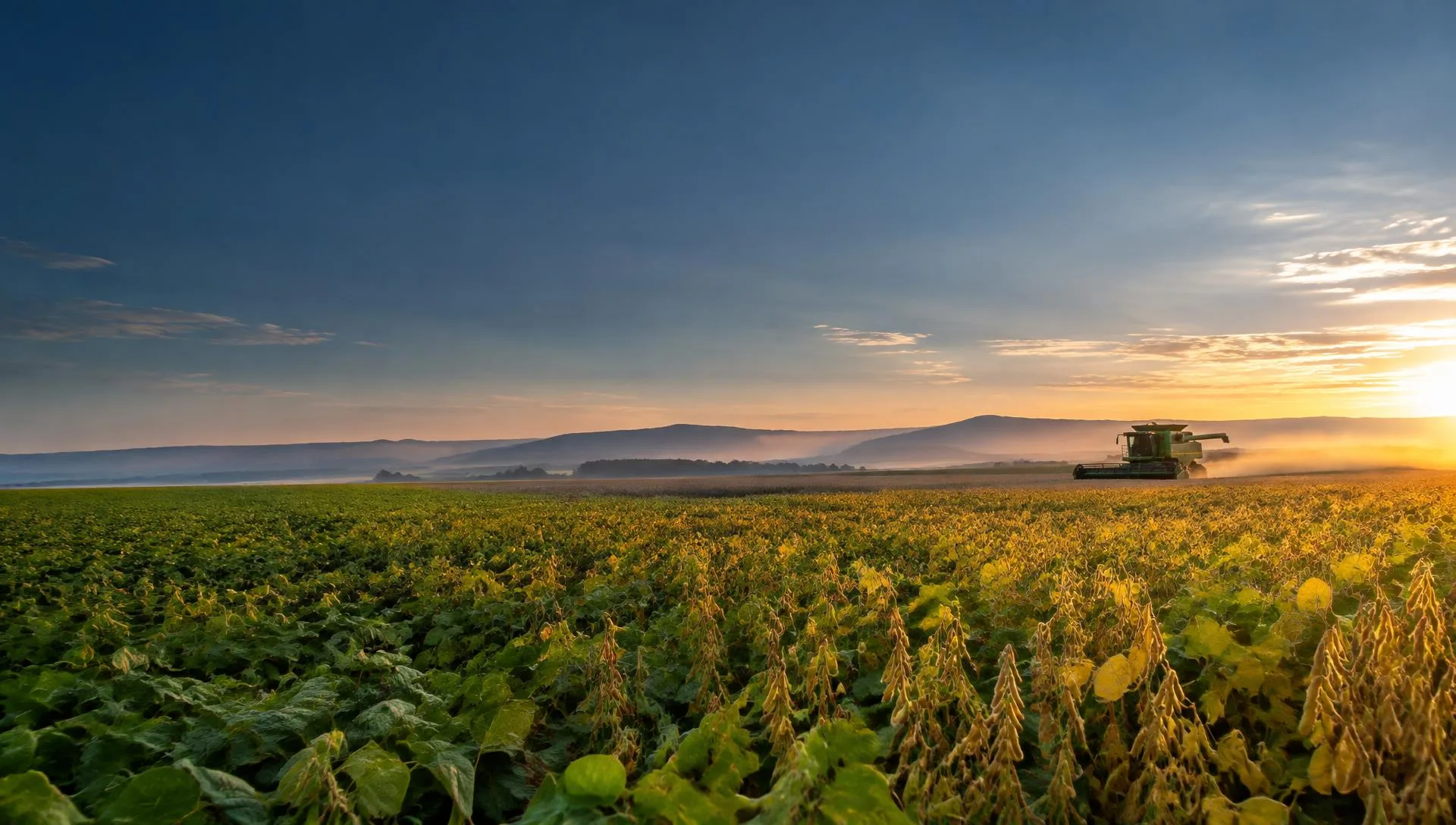 Colheitadeira em uma lavoura de soja ao amanhecer